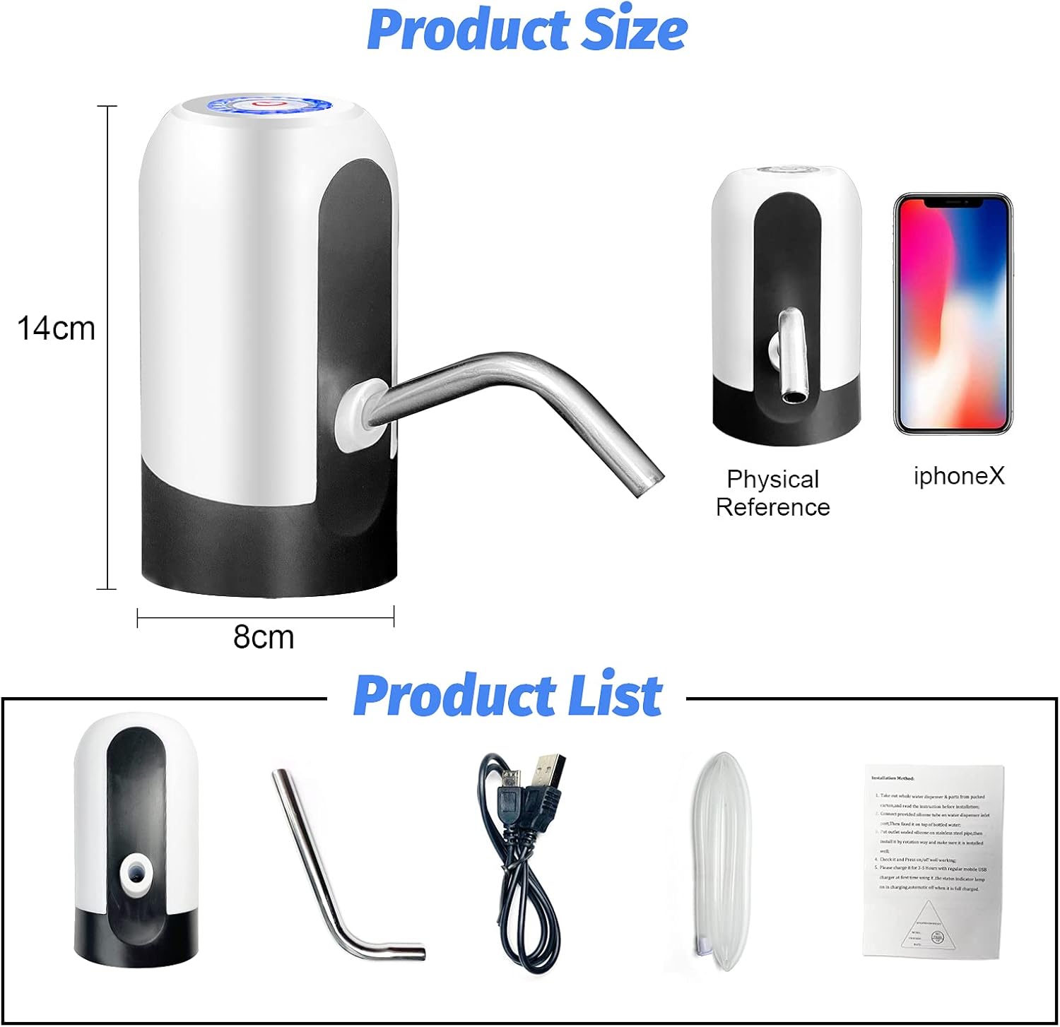 Gallon Water Bottle Pump, USB Charging Portable Electric Water Pump for for for 2-5 Gallon Jugs USB Charging Portable Water Dispenser for Office, Home, Camping, Kitchen and etc. White