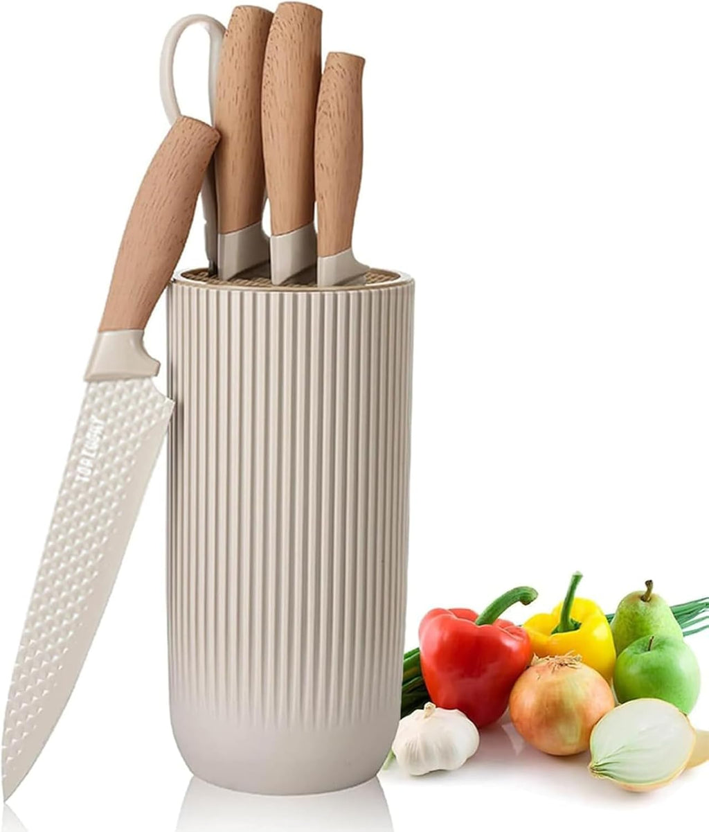 Kitchen Knife Set, 6-Pieces Khaki Sharp Knife Set for Kitchen, Non-stick Non-slip Stainless Steel Chef Knife Set with Universal Knife Block Suitable for Home Restaurant (Khaki)