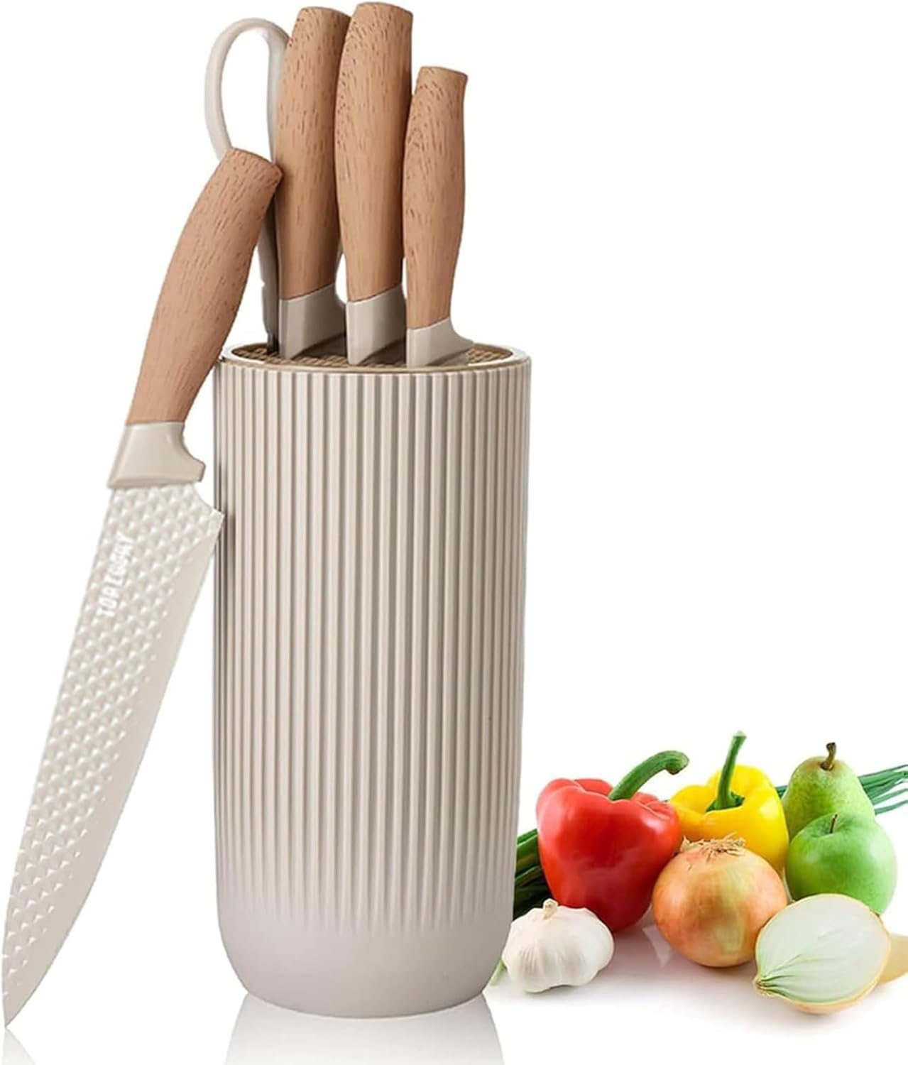 Kitchen Knife Set, 6-Pieces Khaki Sharp Knife Set for Kitchen, Non-stick Non-slip Stainless Steel Chef Knife Set with Universal Knife Block Suitable for Home Restaurant (Khaki)