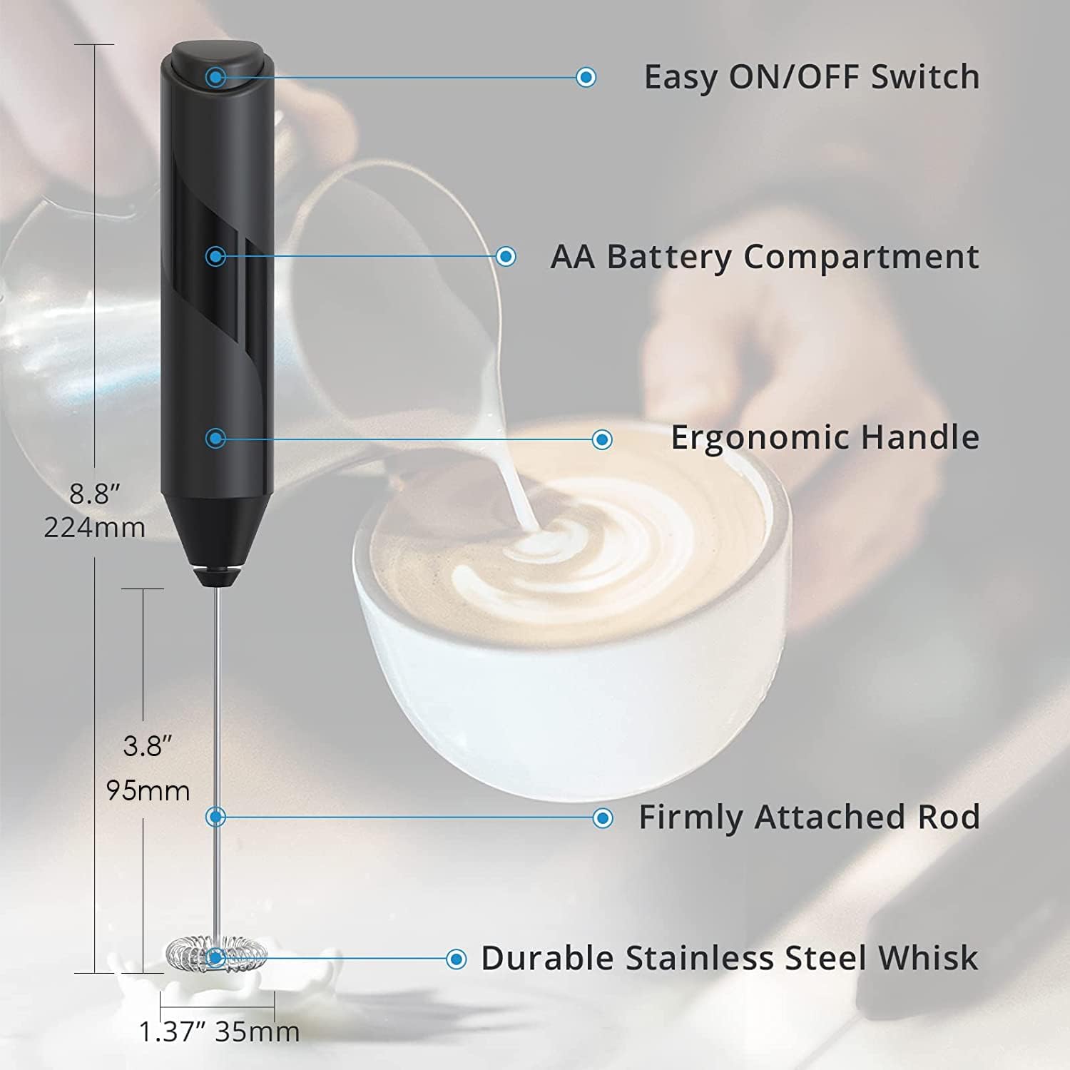 Milk Frother Handheld, Electric Frothers, Coffee Frother Mini Whisk, Foam Maker, Drink Mixer for Coffee, Milk, Lattes, Cappuccino Cream Matcha (Black)