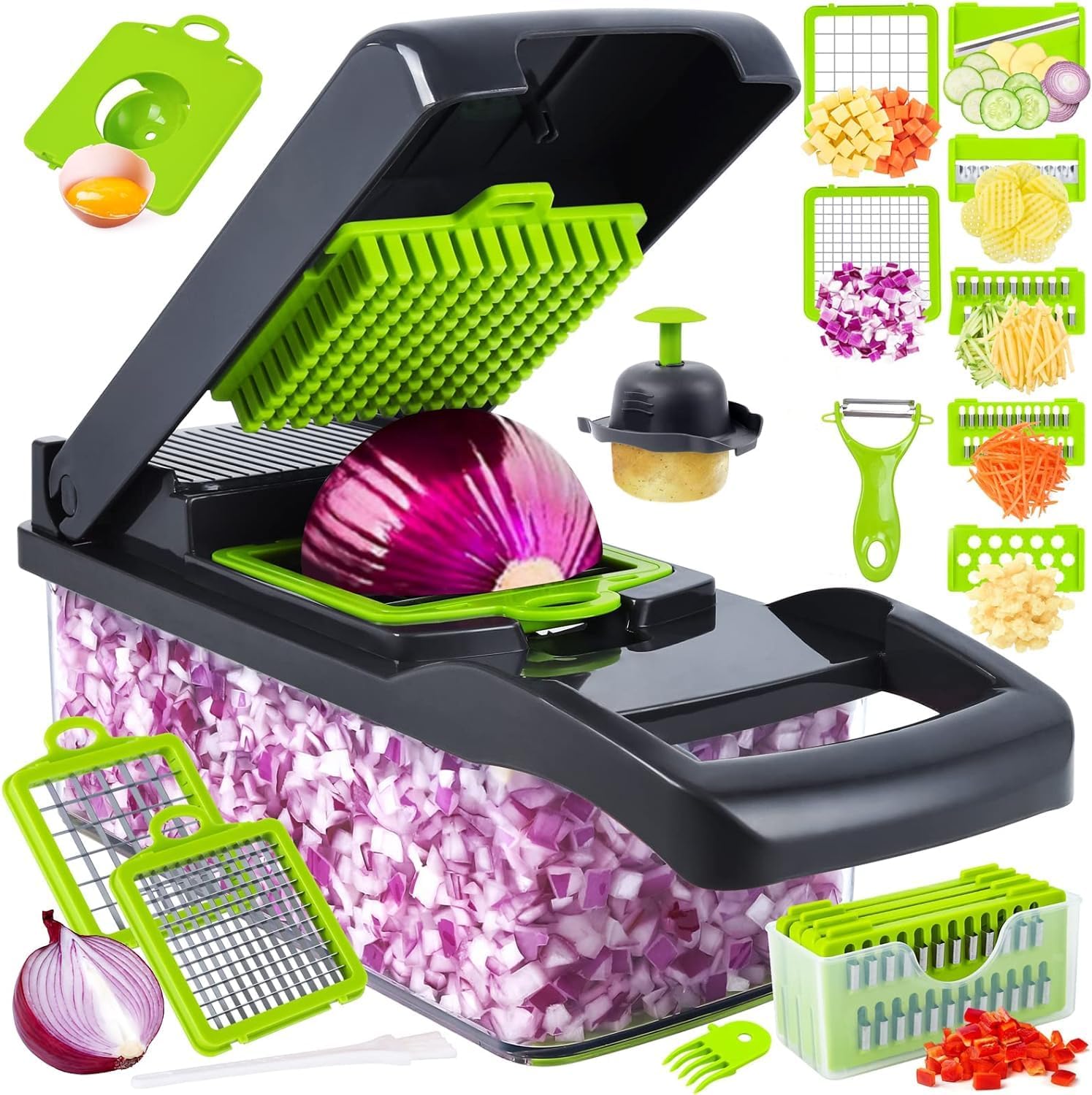 Vegetable Chopper, Pro Onion Chopper, 14 in 1Multifunctional Food Chopper, Kitchen Vegetable Slicer Dicer Cutter,Veggie Chopper With 8 Blades,Carrot and Garlic Chopper With Container (Grey)