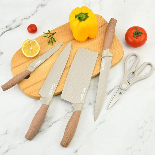 Kitchen Knife Set, 6-Pieces Khaki Sharp Knife Set for Kitchen, Non-stick Non-slip Stainless Steel Chef Knife Set with Universal Knife Block Suitable for Home Restaurant (Khaki)