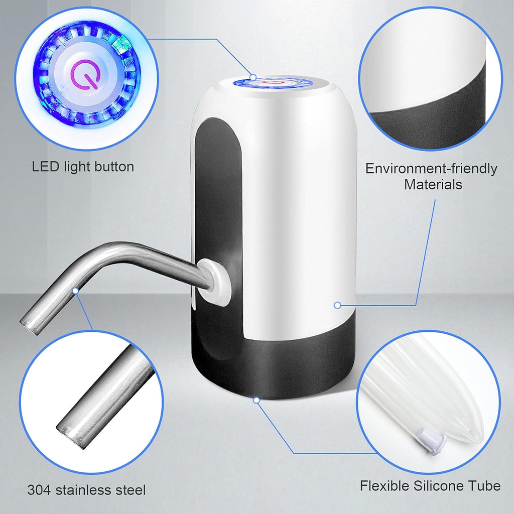 Gallon Water Bottle Pump, USB Charging Portable Electric Water Pump for for for 2-5 Gallon Jugs USB Charging Portable Water Dispenser for Office, Home, Camping, Kitchen and etc. White